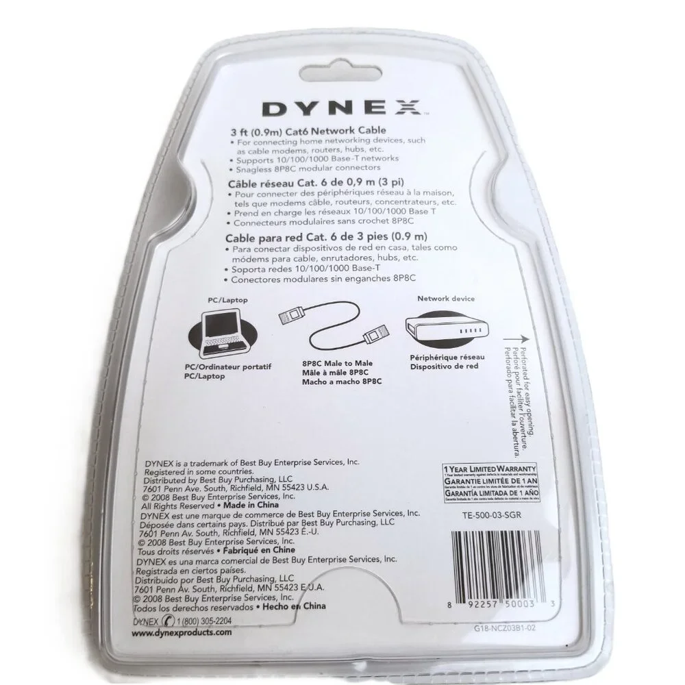 Dynex Cat6 Ethernet Cable 3 ft RJ45 Network 10/100/1000 Sealed